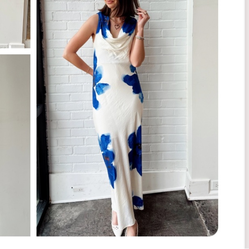 Off White & Blue Floral Cowl Neck Maxi Dress